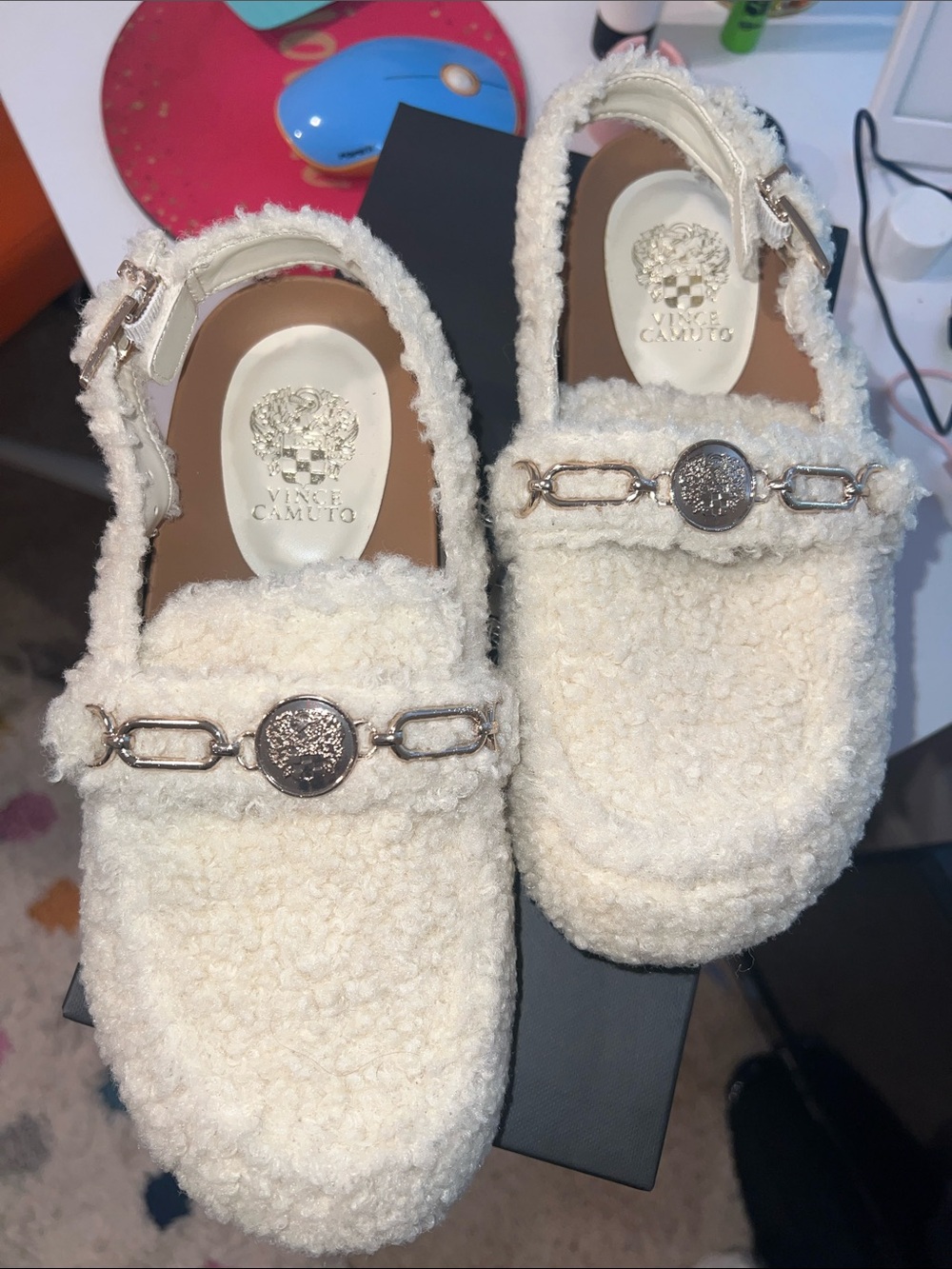 Vince Camuto Off-White Bouclé Chain-Embellished Slingback Loafers
